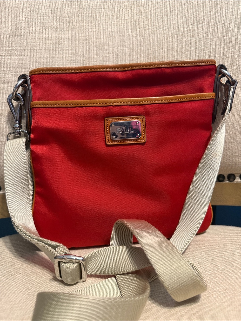 Lauren Ralph Lauren Small Red Crossbody Nylon Bag with Leather Trim